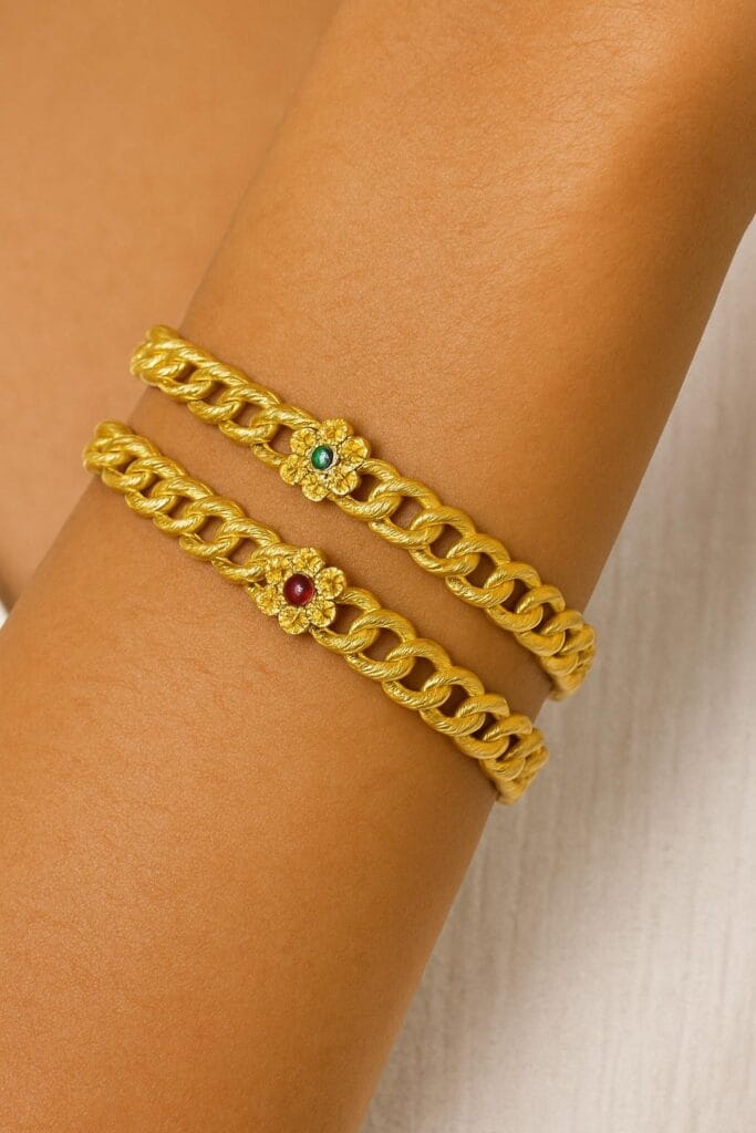Micro Gold plated Twisted kada Bangles Size 28 with Green & Red Stone Floral Center