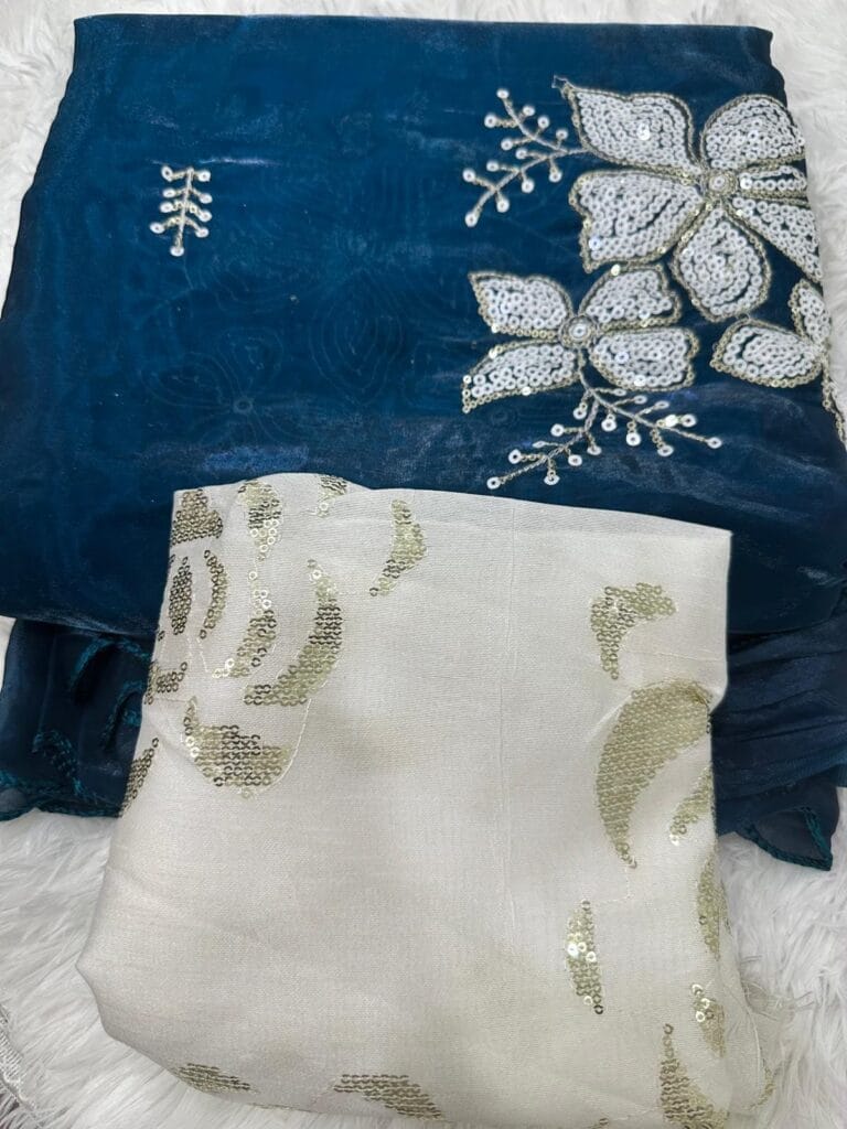 Blue and Off White Sequin Embroidered Saree with Floral Design | Party Wear