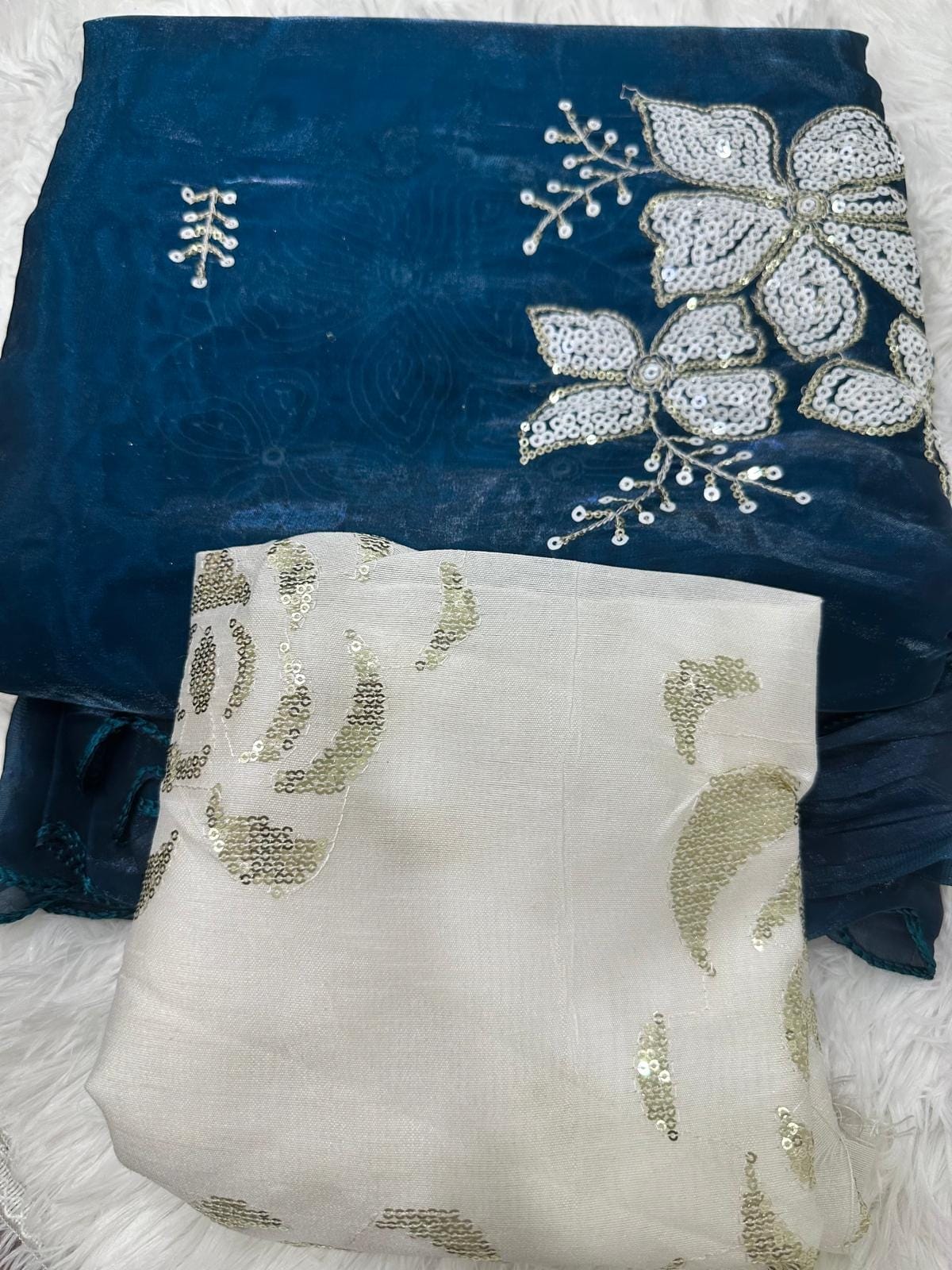 Blue and Off White Sequin Embroidered Saree with Floral Design | Party Wear - Image 2