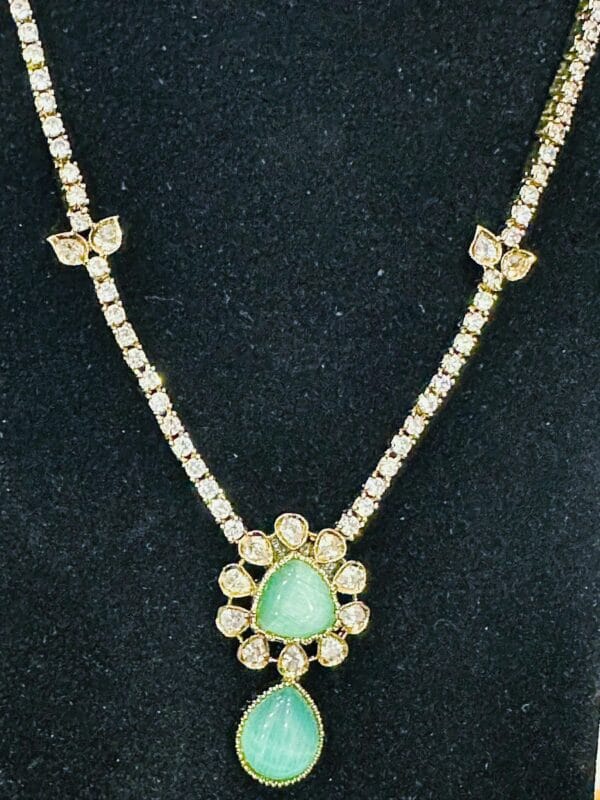 Mint Green Stone Necklace Set | Crystal CZ Bridal Jewelry | Party Wear - Image 2