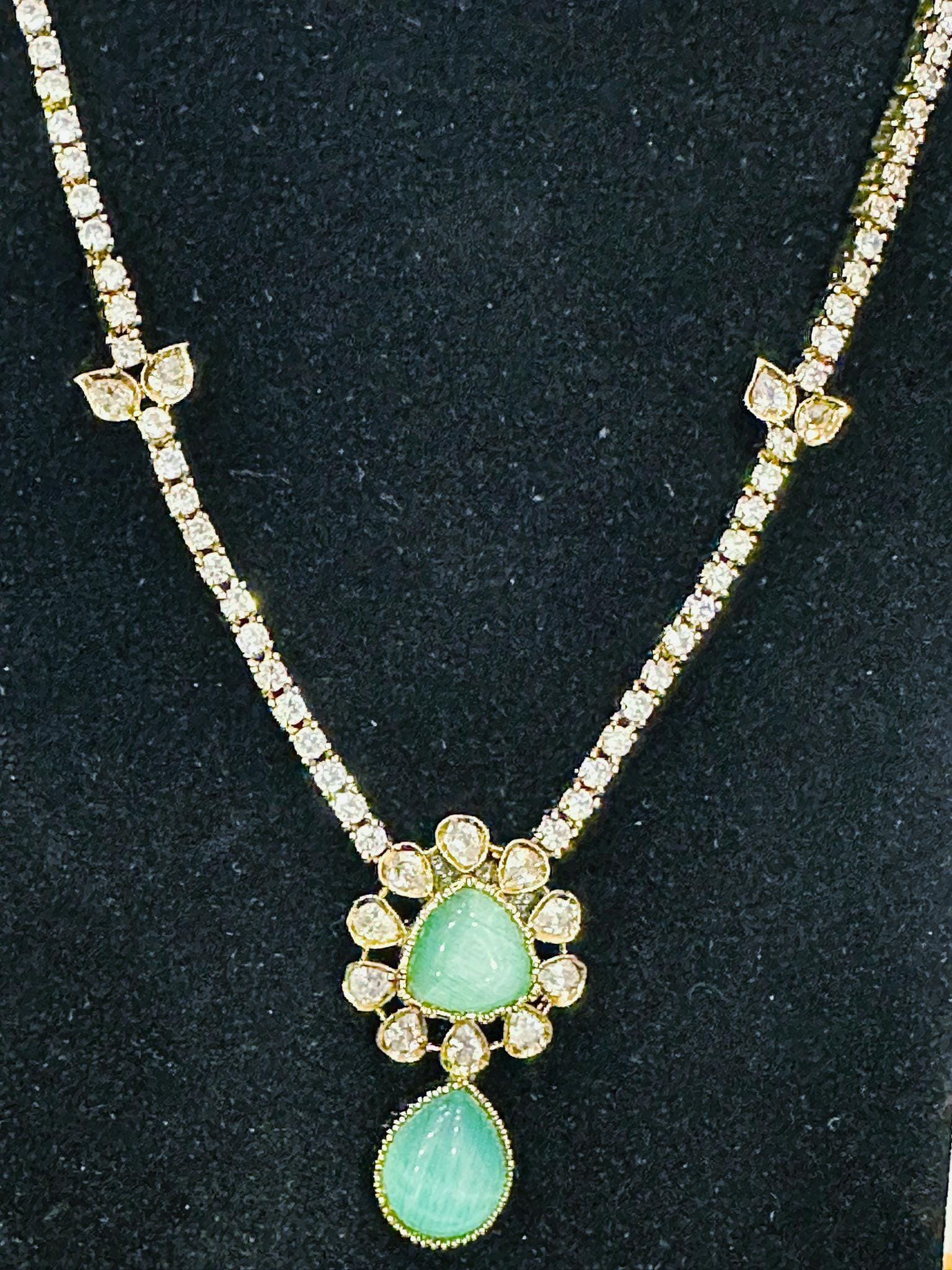 Mint Green Stone Necklace Set | Crystal CZ Bridal Jewelry | Party Wear - Image 2
