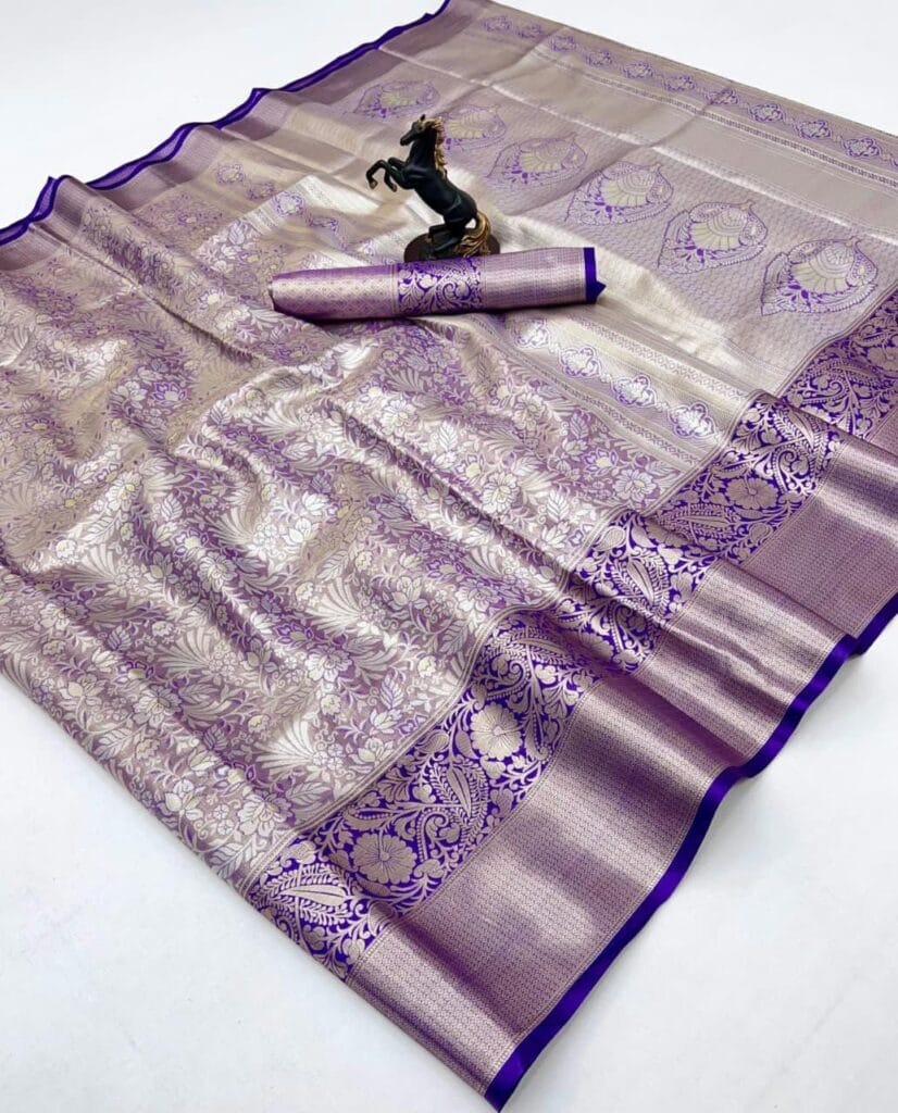 Kanchipuram Semi Silk Saree Purple Silver | South Indian Traditional Saree | Wedding Party Wear Silk Saree with Rich Zari Border