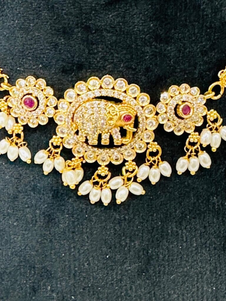 Gold plated Elephant Pendant Necklace Set • Pearl Drop Choker Jewelry