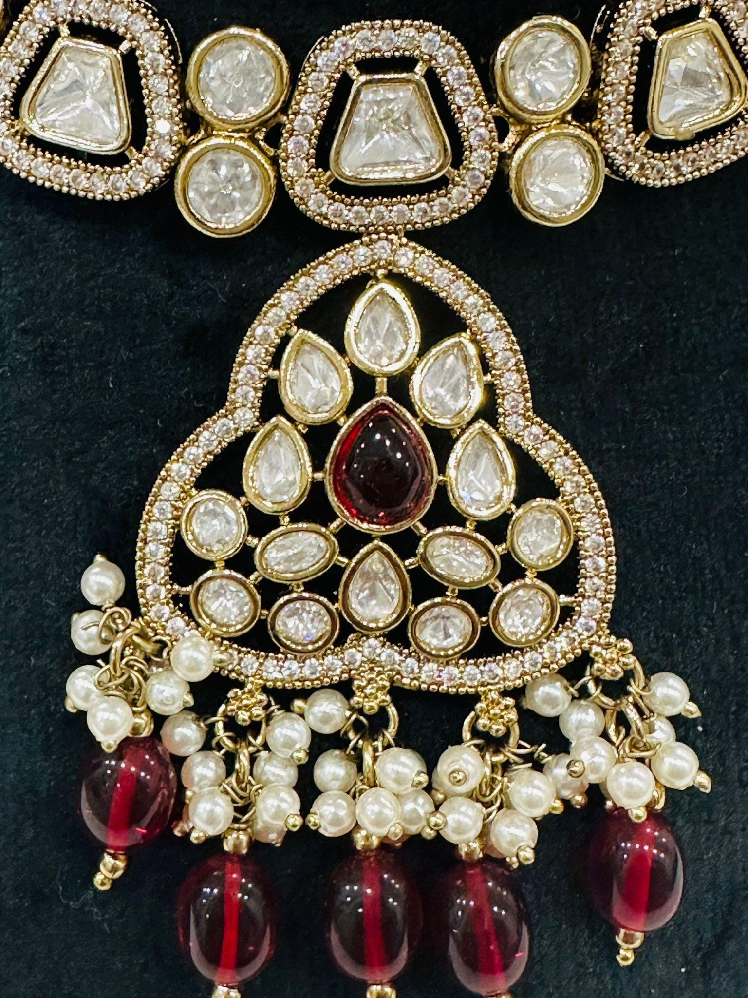 Victorian Necklace & Earrings Set, Ruby Red Beads, Pearl Drops - Image 3
