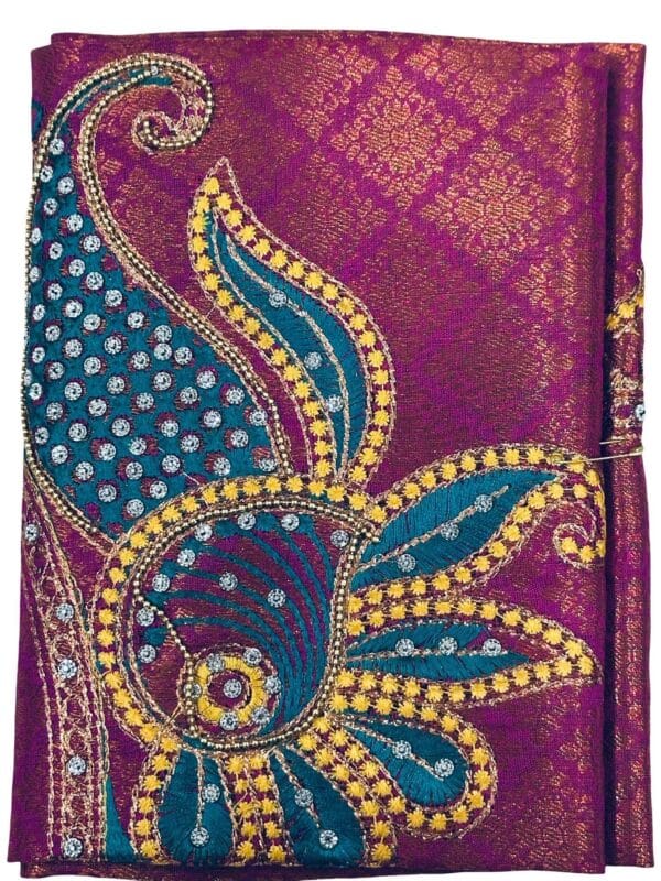 Soft Silk Saree Blue with Rani Pink Embroidered Brocade unstitched Blouse | Festive Party Wear - Image 4