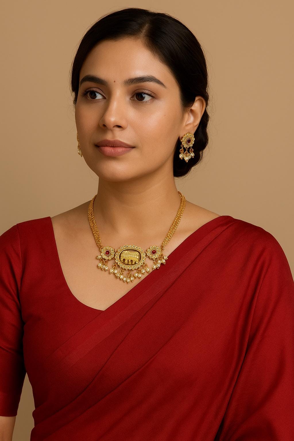 Gold plated Elephant Pendant Necklace Set • Pearl Drop Choker Jewelry - Image 6