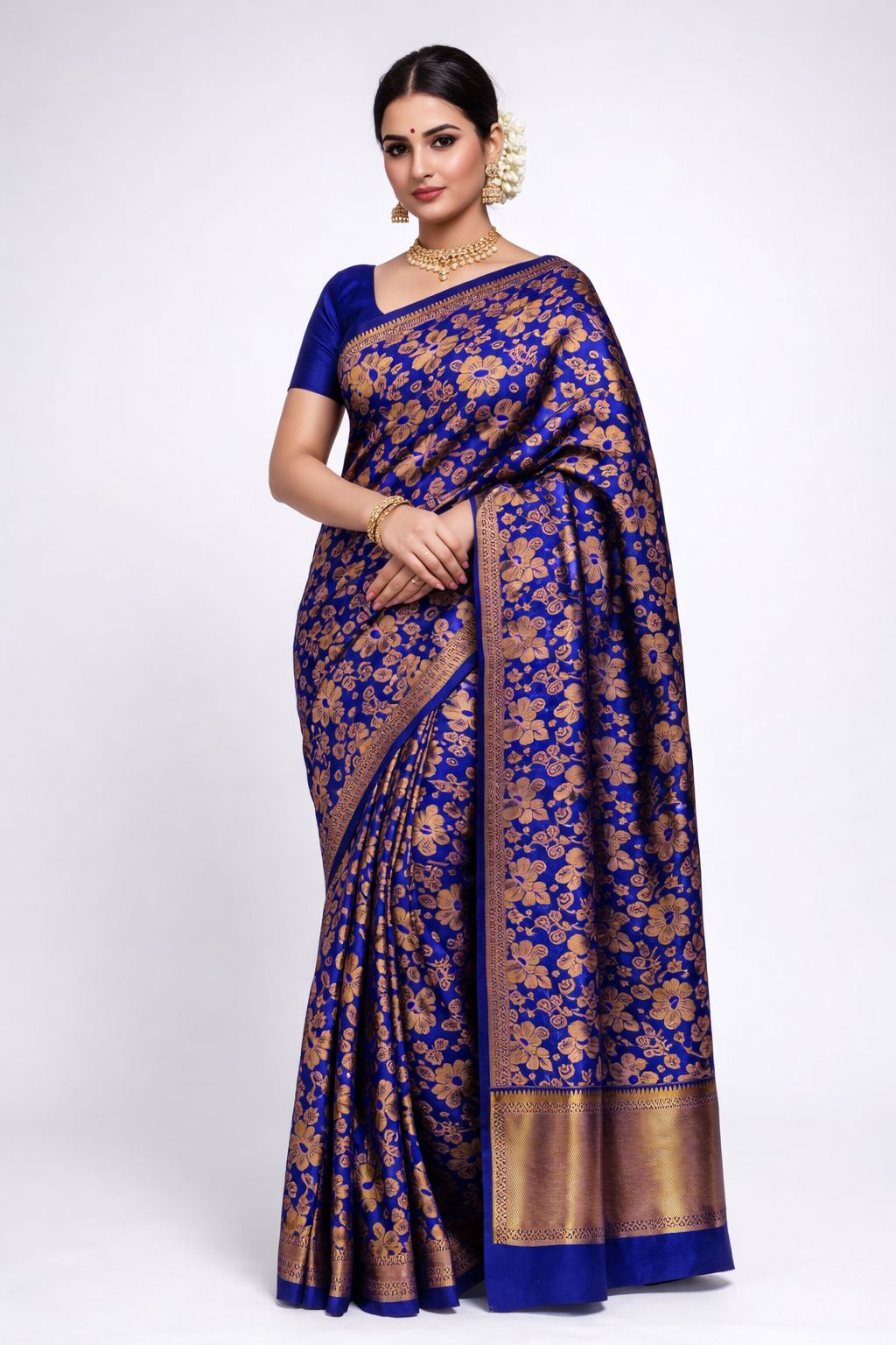 Royal Blue Bridal Kanchipuram Soft Silk Saree, Gold Floral Zari Wedding Saree, South Indian Bride Saree, Temple Wedding, Party Wear - Image 1
