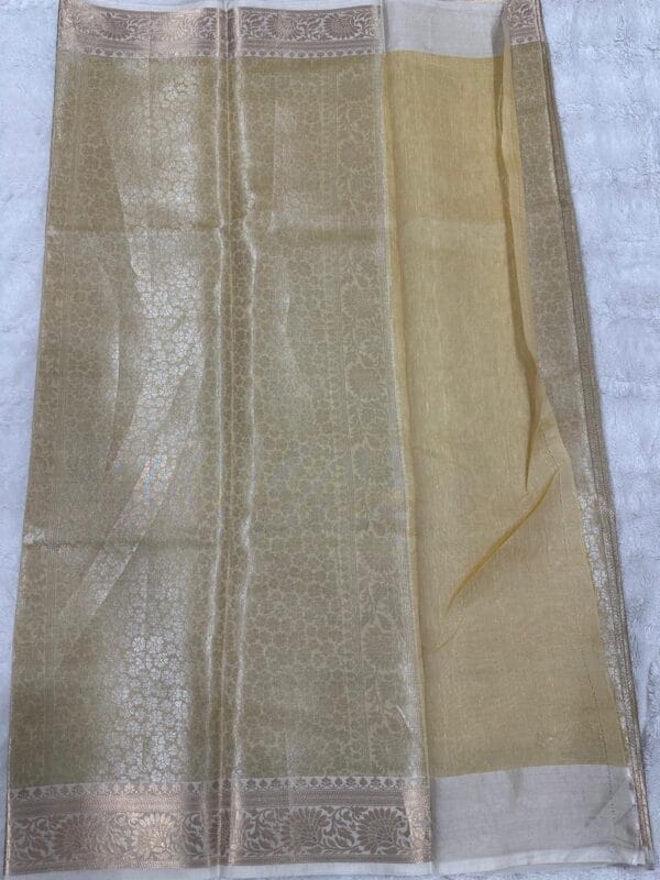 Gold Bridal Tissue Saree, Zari Weave, Unstitched Blouse - Image 3