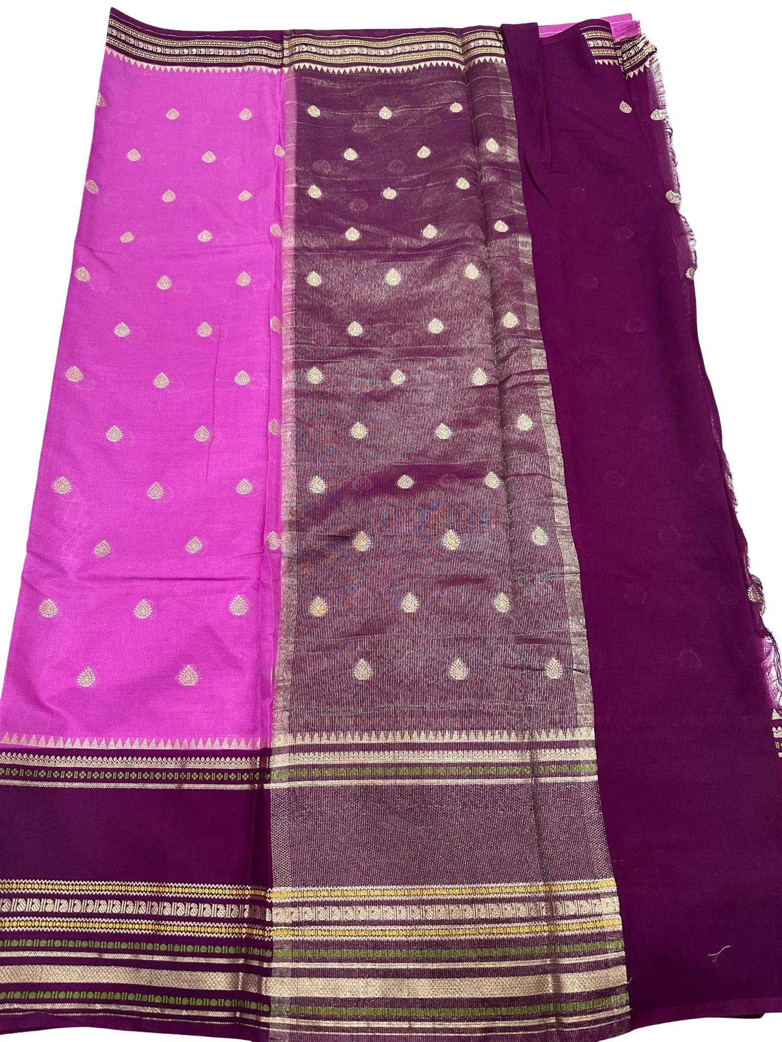 Celebrity Inspired Semi Silk Katan Saree – Rani Pink & Magenta Contrast Pallu – Golden Butta Zari Design – Soft Lightweight - Image 4