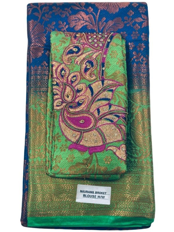 Navy Blue Soft Silk Saree | Gold Zari Brocade, Embroidered Blouse - Image 2