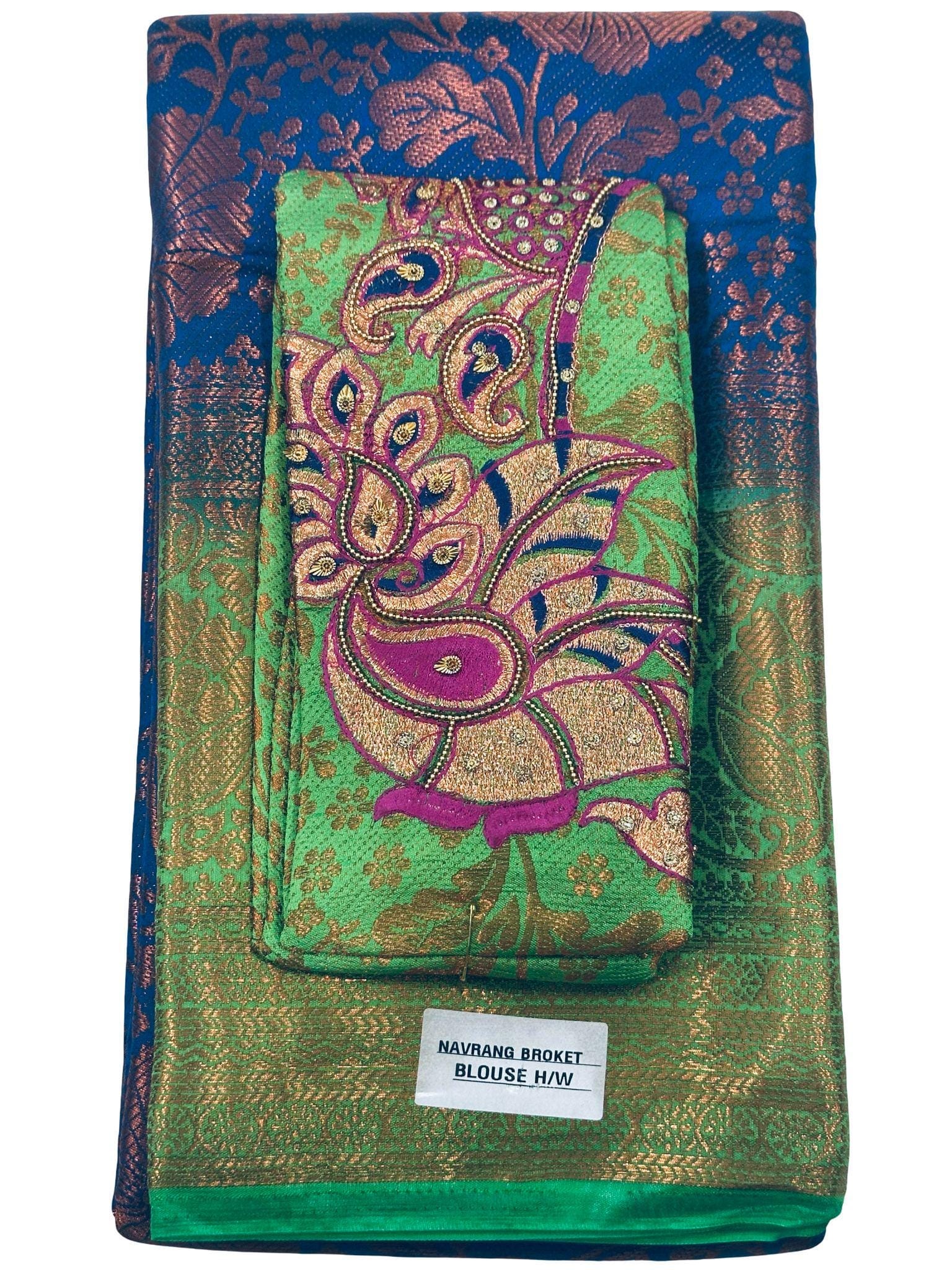 Navy Blue Soft Silk Saree | Gold Zari Brocade, Embroidered Blouse - Image 2