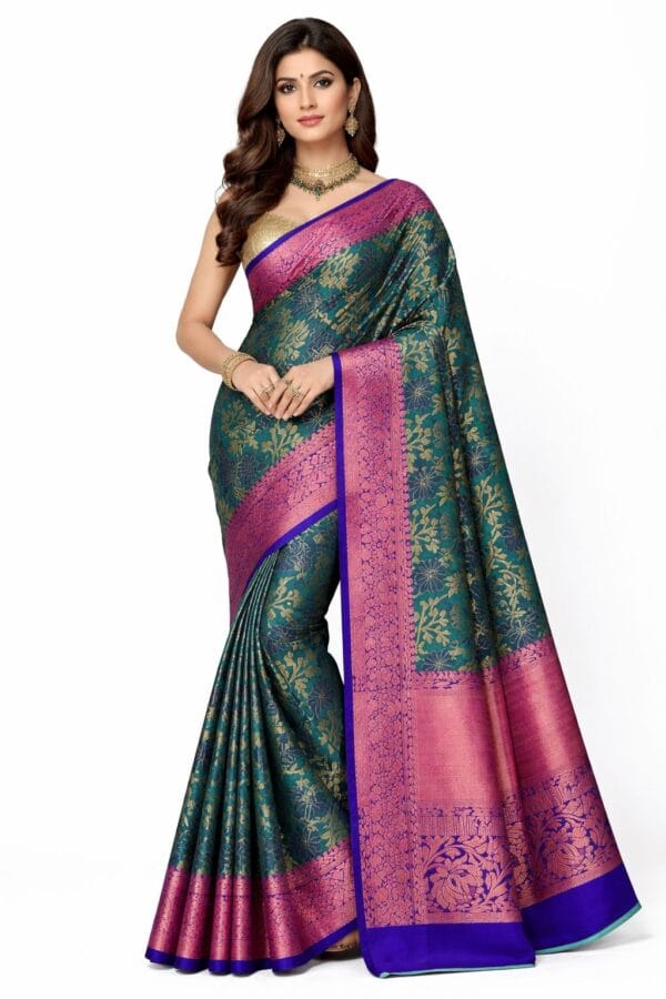 Bridal Kanchipuram Soft Silk Saree Peacock Green Purple | Kodi Pattern Copper Zari Wedding Saree | Traditional South Indian Bridal Saree