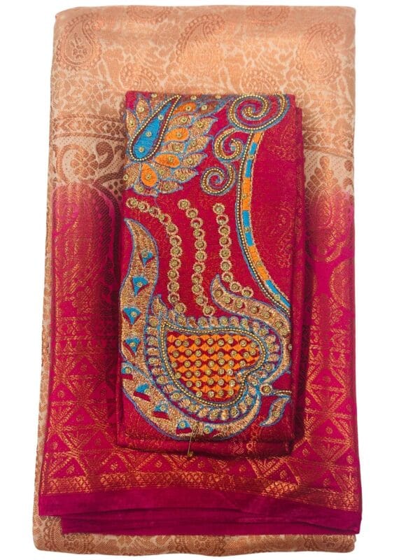 Sandal & Rani Pink Soft Silk Saree with Heavy Embroidered unstitched Blouse | Designer Party Wear - Image 2