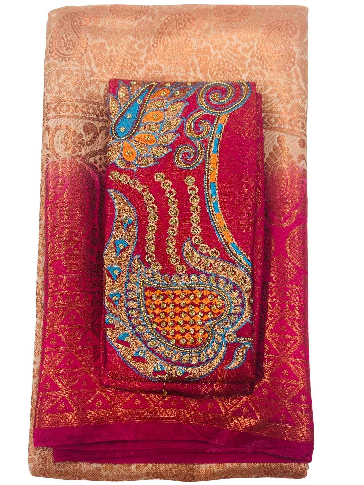 Sandal & Rani Pink Soft Silk Saree with Heavy Embroidered unstitched Blouse | Designer Party Wear - Image 2