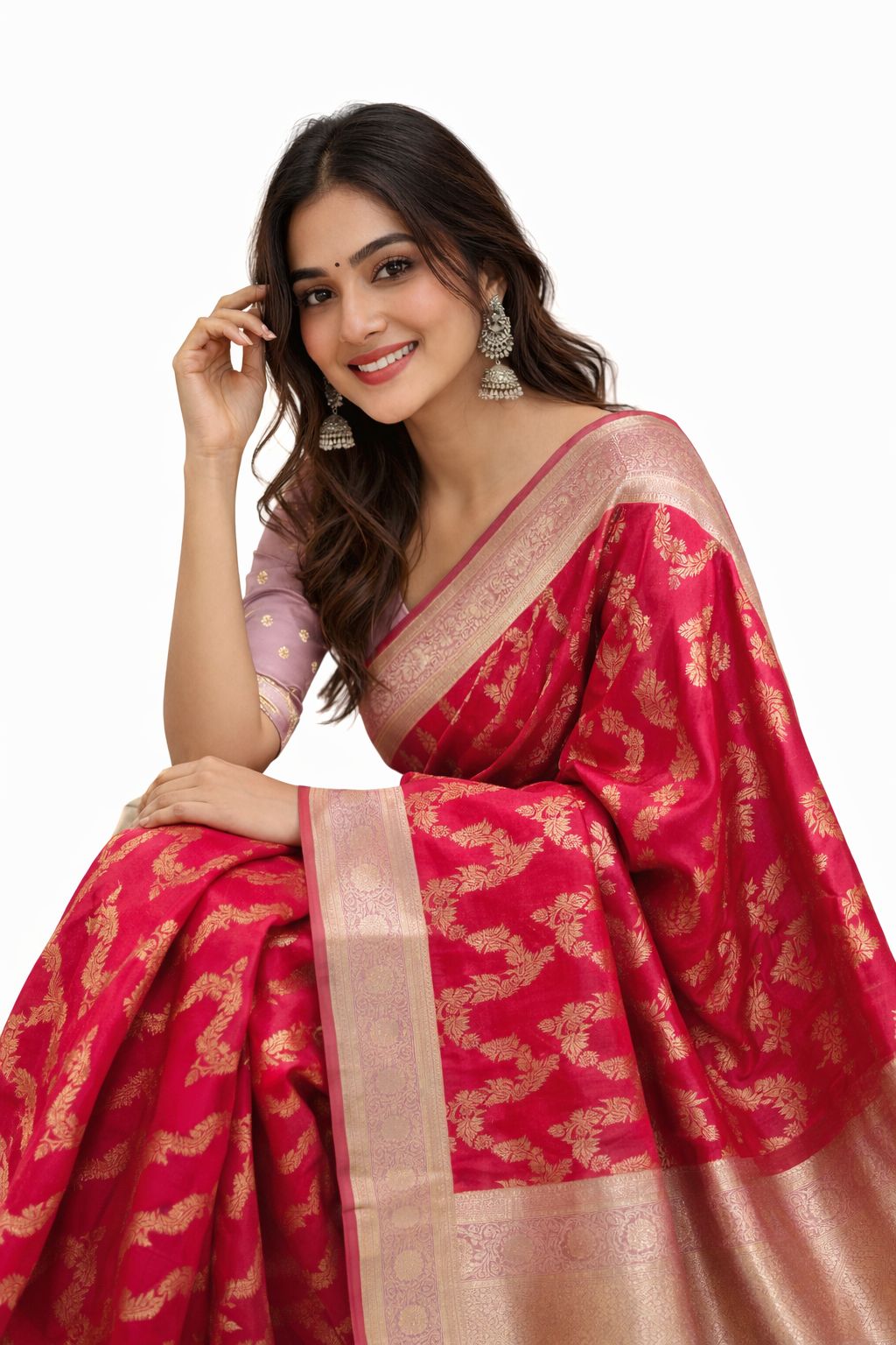 Red Pink Kanchipuram Soft Silk Saree, Trending Necklace Pattern Saree, Bridal & Wedding Saree, Traditional South , Festive Wear - Image 1