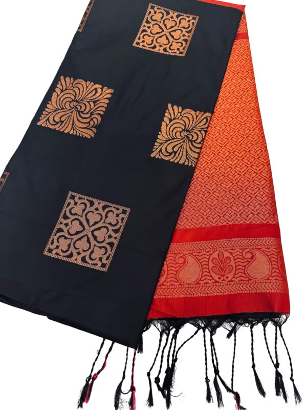 Black Silk Saree with Red Kanchipuram Border, Traditional South Indian Saree, Gold Zari Motif Saree, Festive Party Wear - Image 2