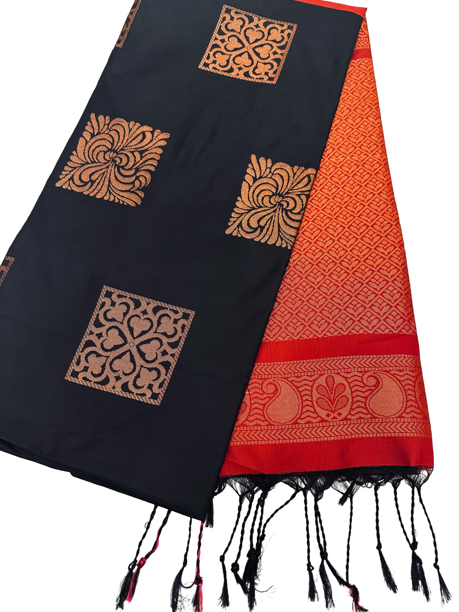 Black Silk Saree with Red Kanchipuram Border, Traditional South Indian Saree, Gold Zari Motif Saree, Festive Party Wear - Image 2
