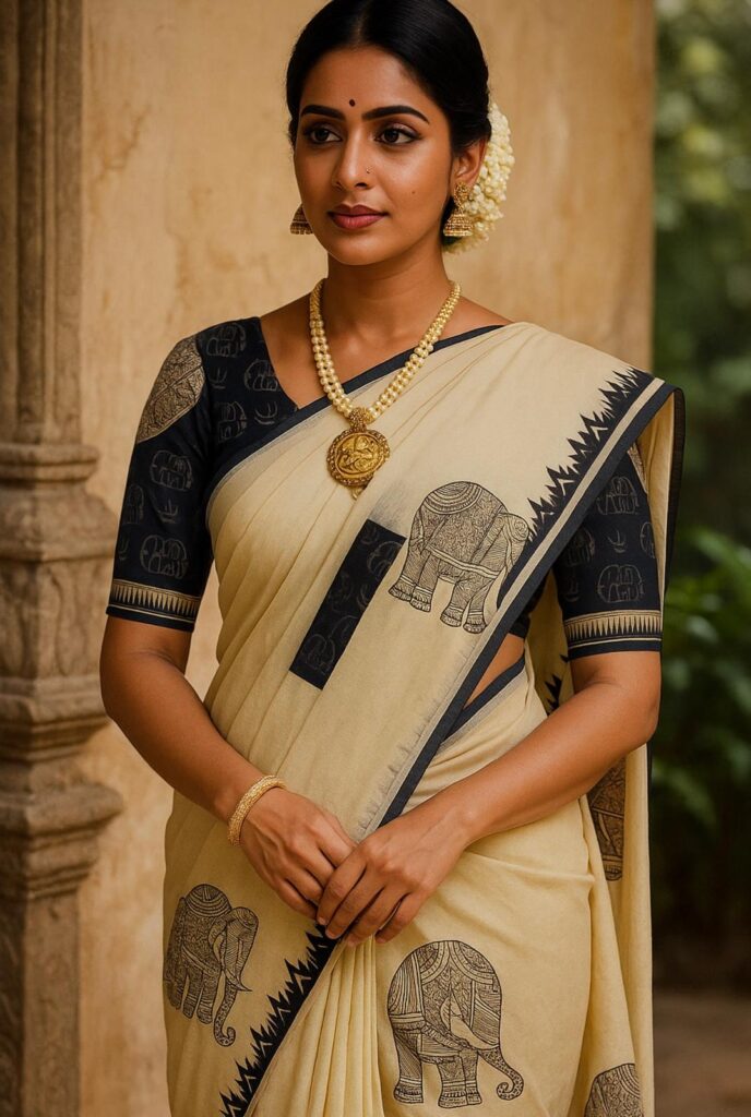 Cotton Saree in Cream and Green colour