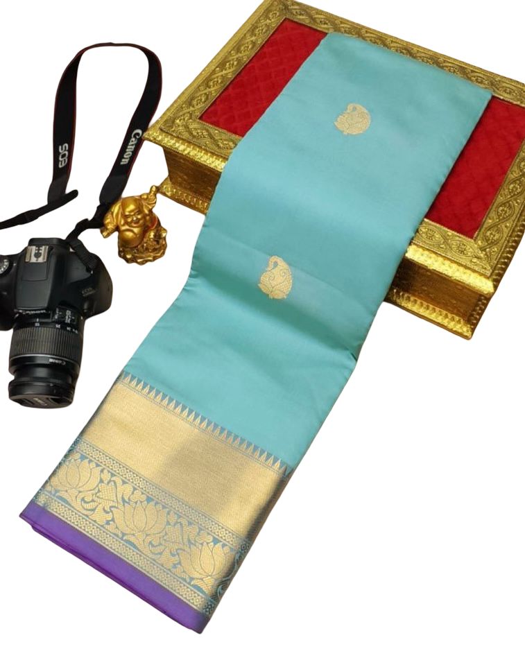 Warm Silk Saree with Zari Border, Kanjeevaram Style - Rani Pink, Sky Blue, Navy Blue, Maroon, Purple Variations - Image 6