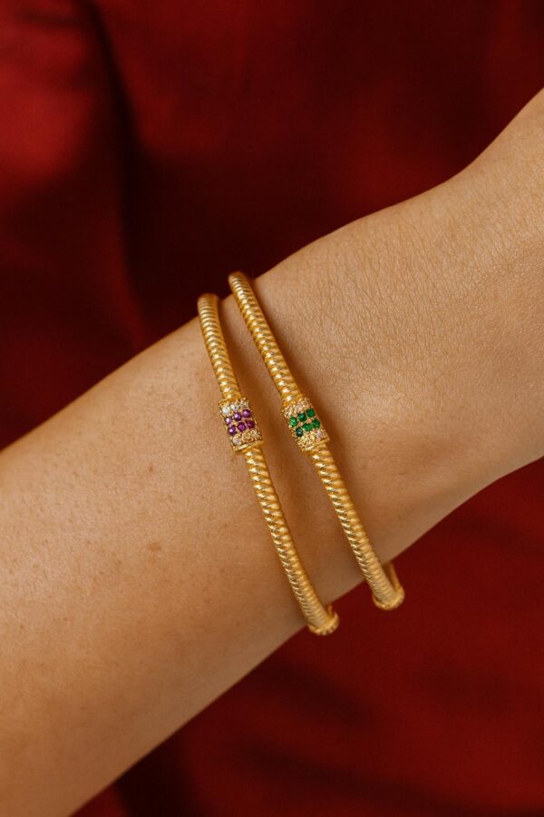 Micro Gold plated Kada Bangles with Ruby & Emerald Stone Accents | Size 26 and 28 - Image 2