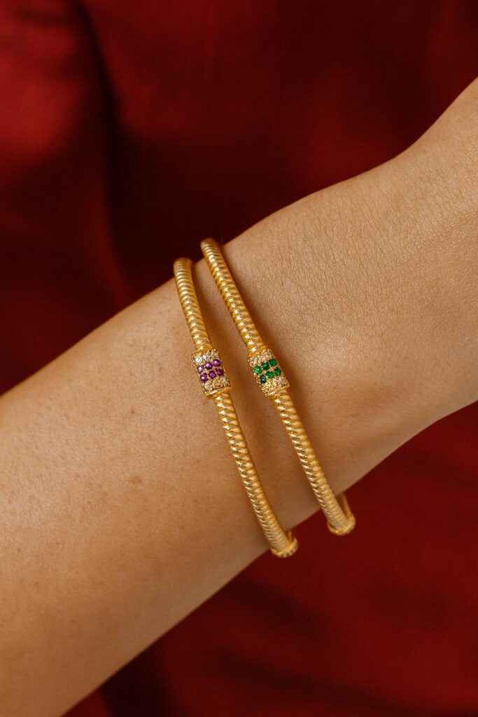 Micro Gold plated Kada Bangles with Ruby & Emerald Stone Accents | Size 26 and 28