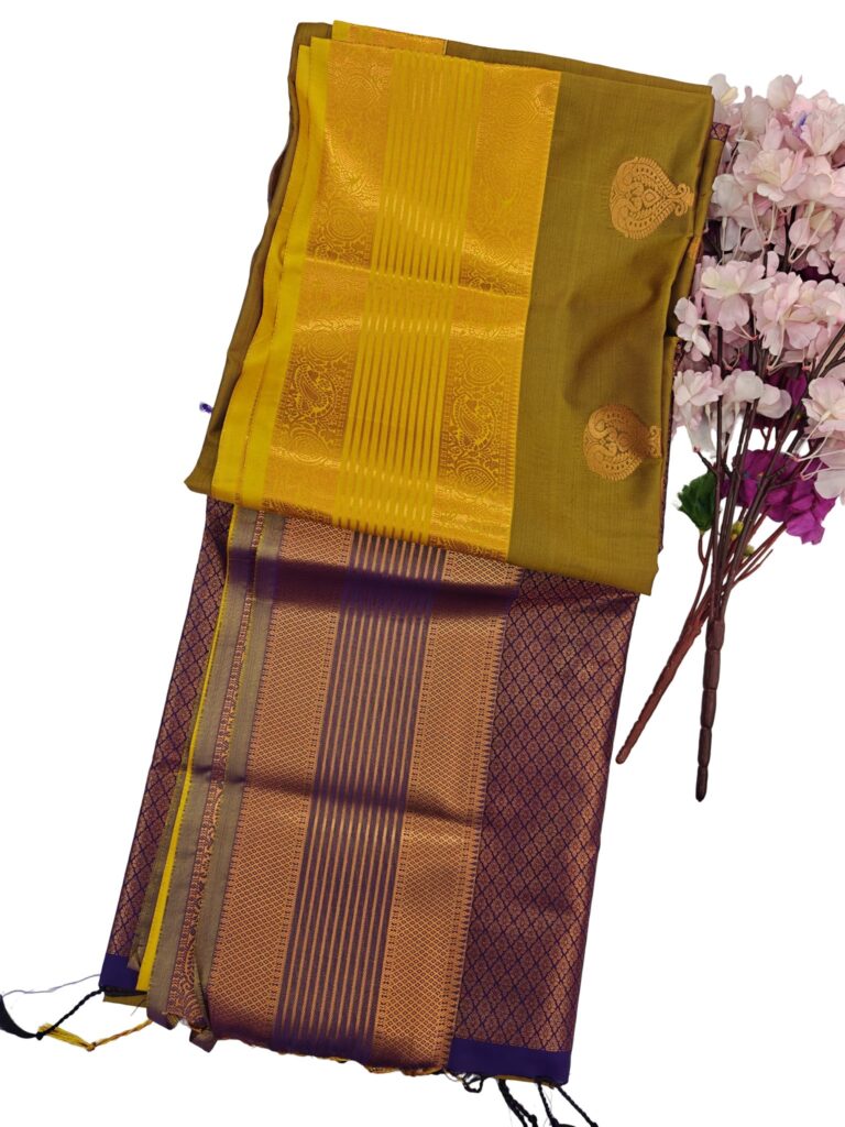 Mehendi Green Kanchipuram Style Silk Saree with Yellow Border & Purple Pallu | Copper Zari Butta Saree | Festive Saree