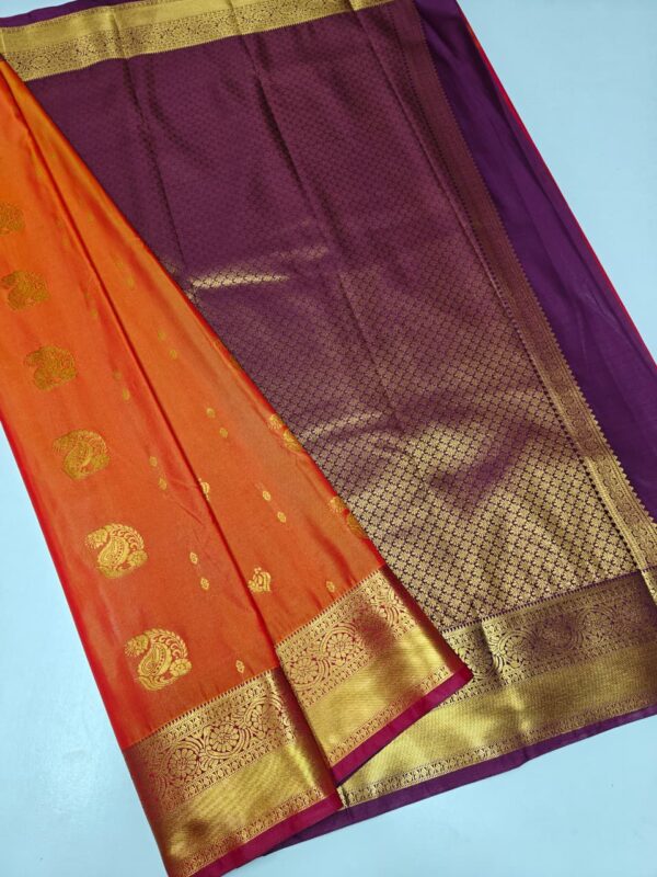 Rust Orange Kanchipuram Semi Silk Saree with Purple Border | Bridal Wedding Saree | Traditional Zari Saree | Festive Party Wear - Image 3
