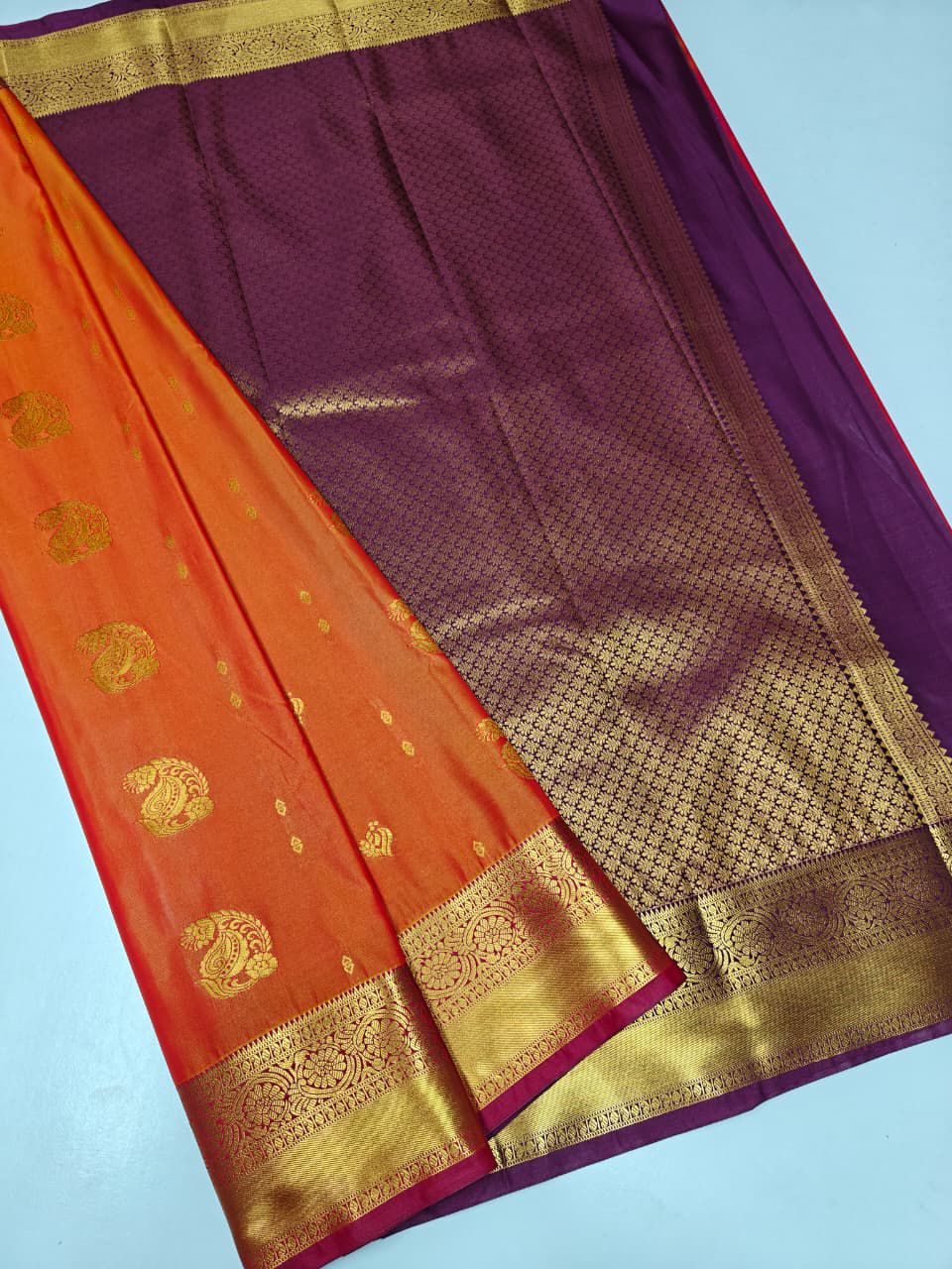 Rust Orange Kanchipuram Semi Silk Saree with Purple Border | Bridal Wedding Saree | Traditional Zari Saree | Festive Party Wear - Image 3