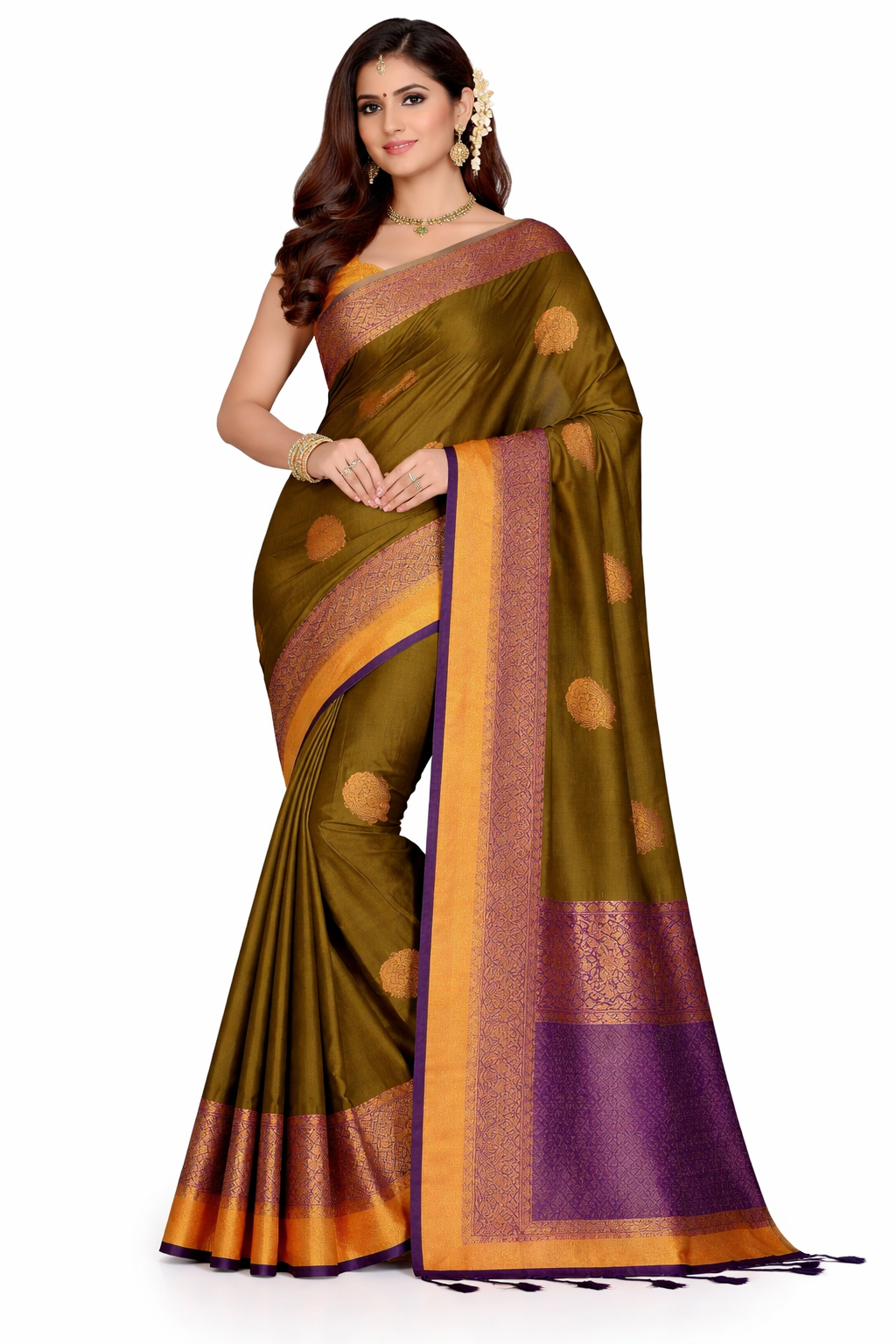 Mehendi Green Kanchipuram Style Silk Saree with Yellow Border & Purple Pallu | Copper Zari Butta Saree | Festive Saree - Image 1