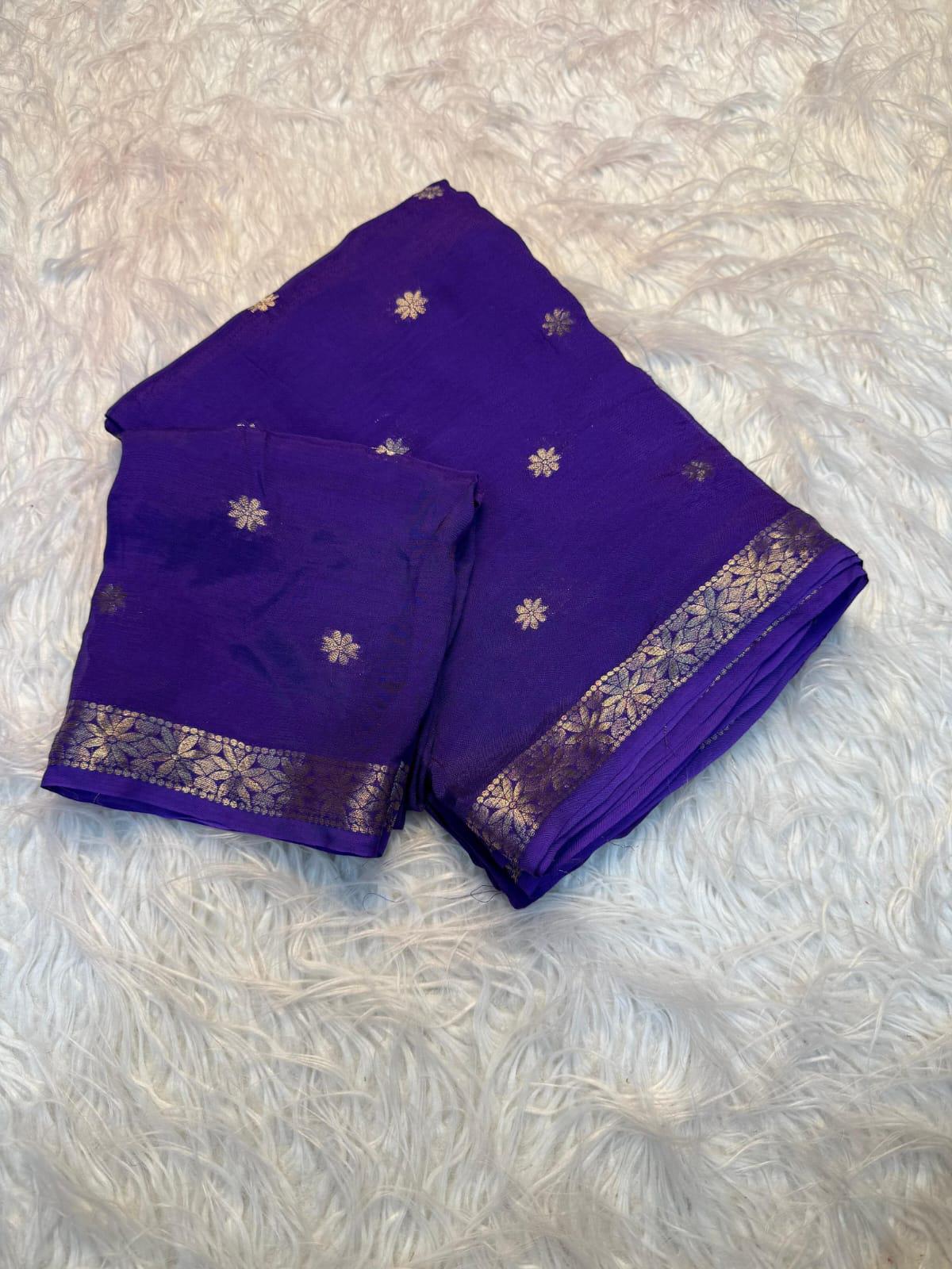 Chiffon Saree with Gold Zari Floral Motifs | Party Wear | unstitched Blouse - Image 2