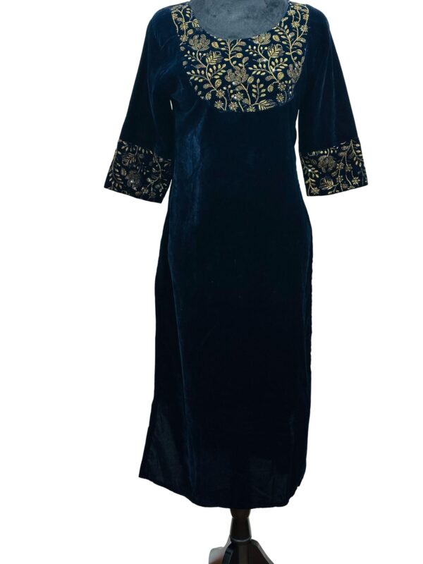 Navy Velvet Kurti | Gold Floral Embroidered Indian Tunic - Image 2