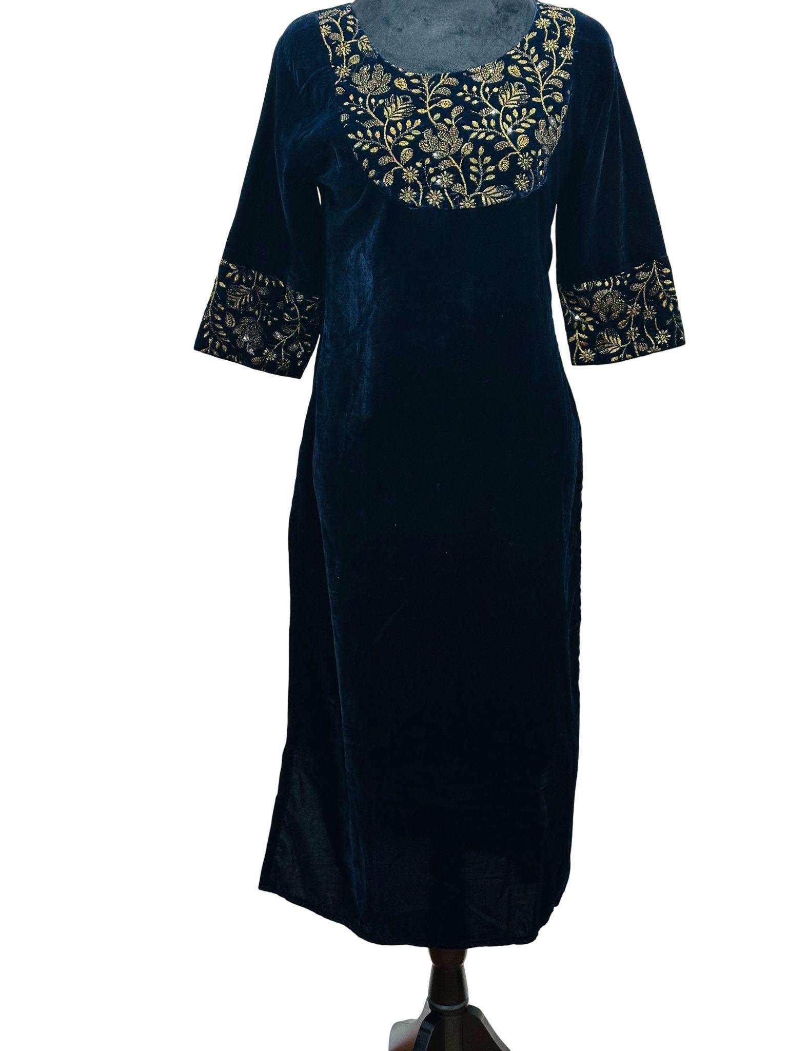 Navy Velvet Kurti | Gold Floral Embroidered Indian Tunic - Image 2