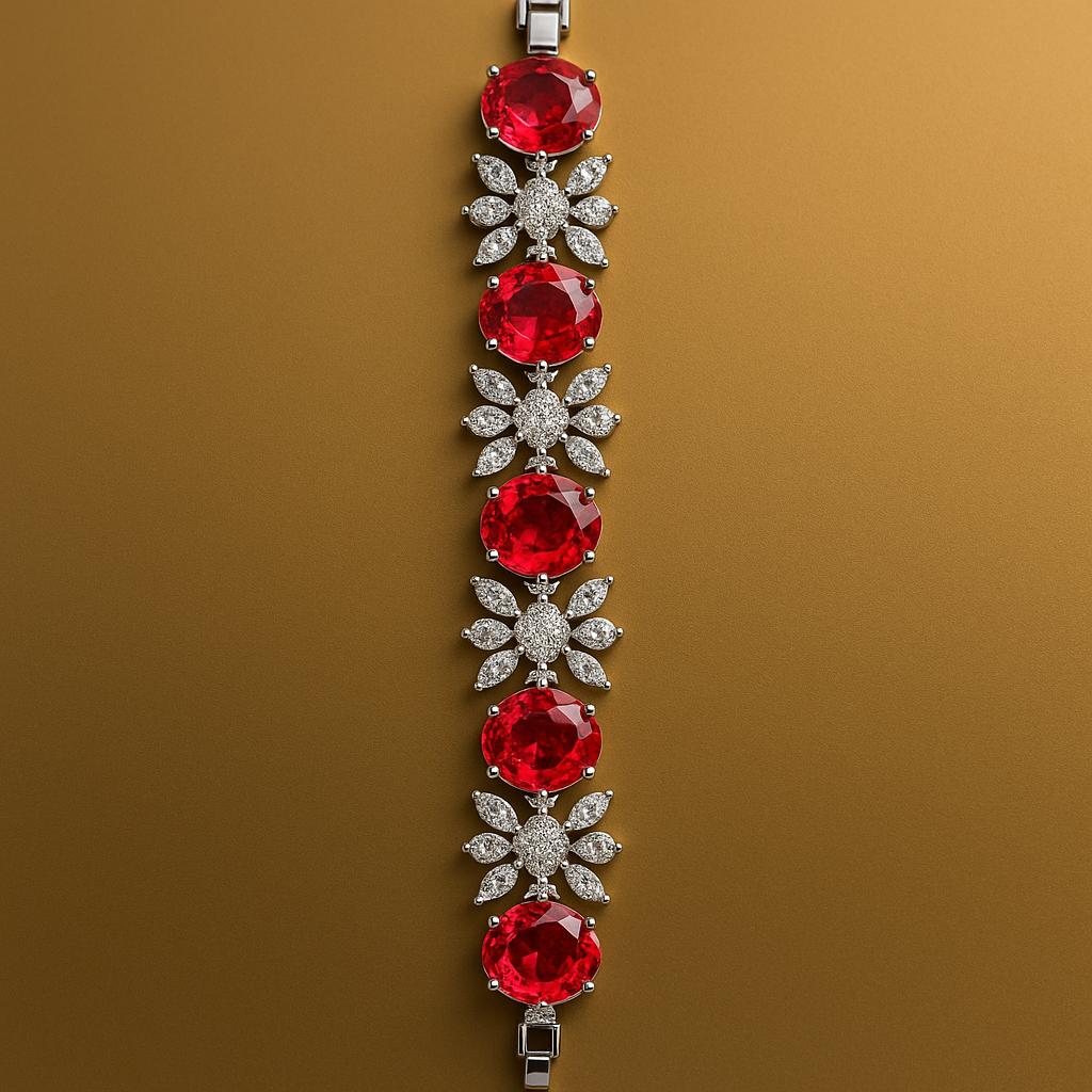 CZ Diamond & Ruby Bracelet | Gold Plated Floral Design - Image 1