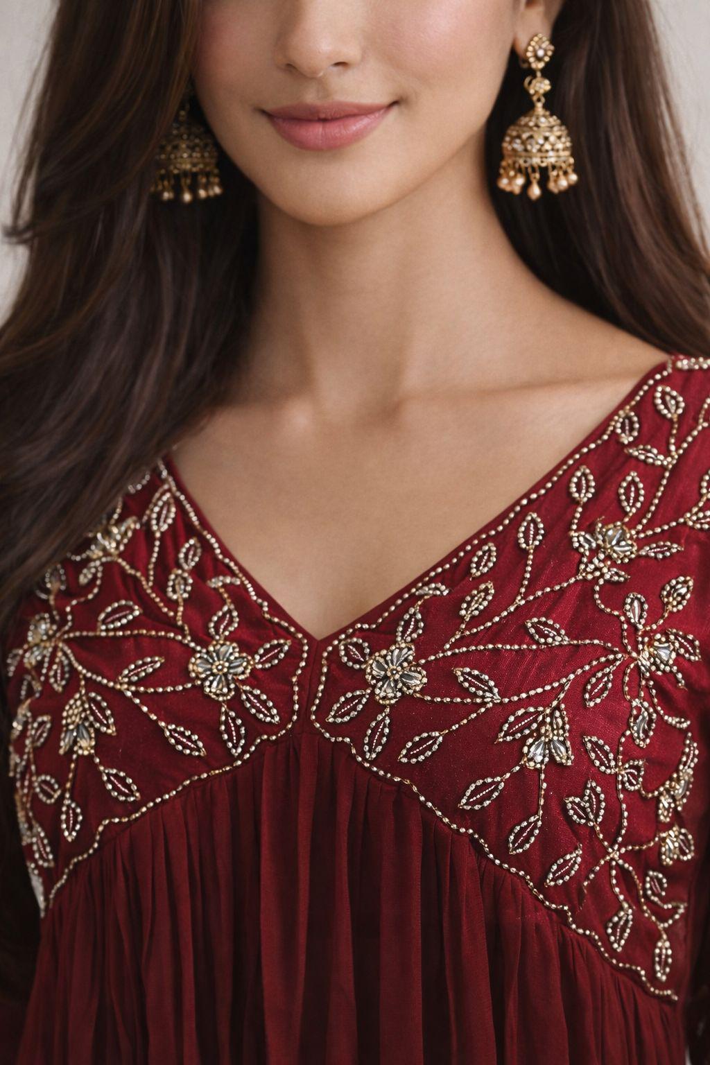 Maroon Georgette Anarkali Kurta | Embroidered Indian Dress - Image 2