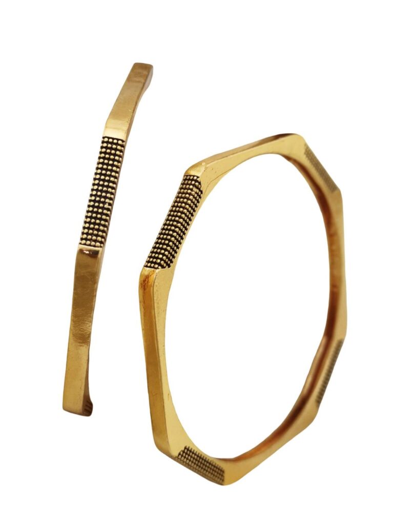 Minimal Gold Textured Hexagon Bangle Bracelet, Modern Geometric Open Cuff | Size 24 and 28