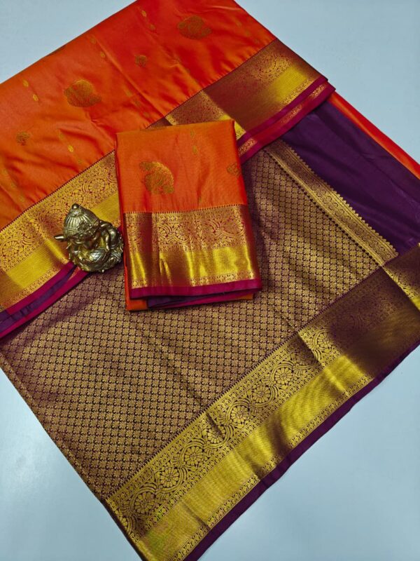 Rust Orange Kanchipuram Semi Silk Saree with Purple Border | Bridal Wedding Saree | Traditional Zari Saree | Festive Party Wear - Image 4