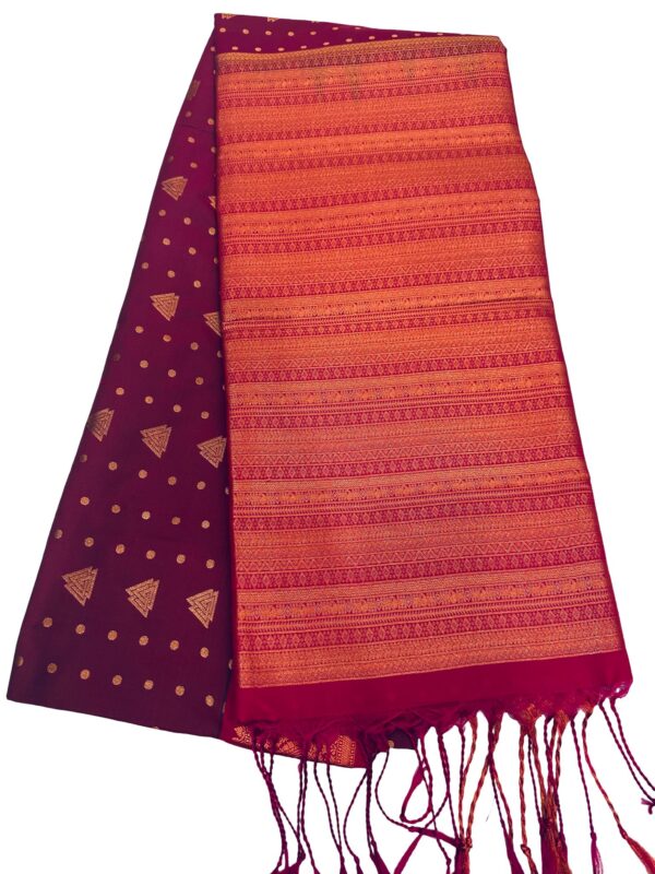 Maroon Kanchipuram Style Silk Saree with Rich Zari Border | Copper Zari Butta Saree | South Indian Wedding Saree | Festive Party Saree - Image 4
