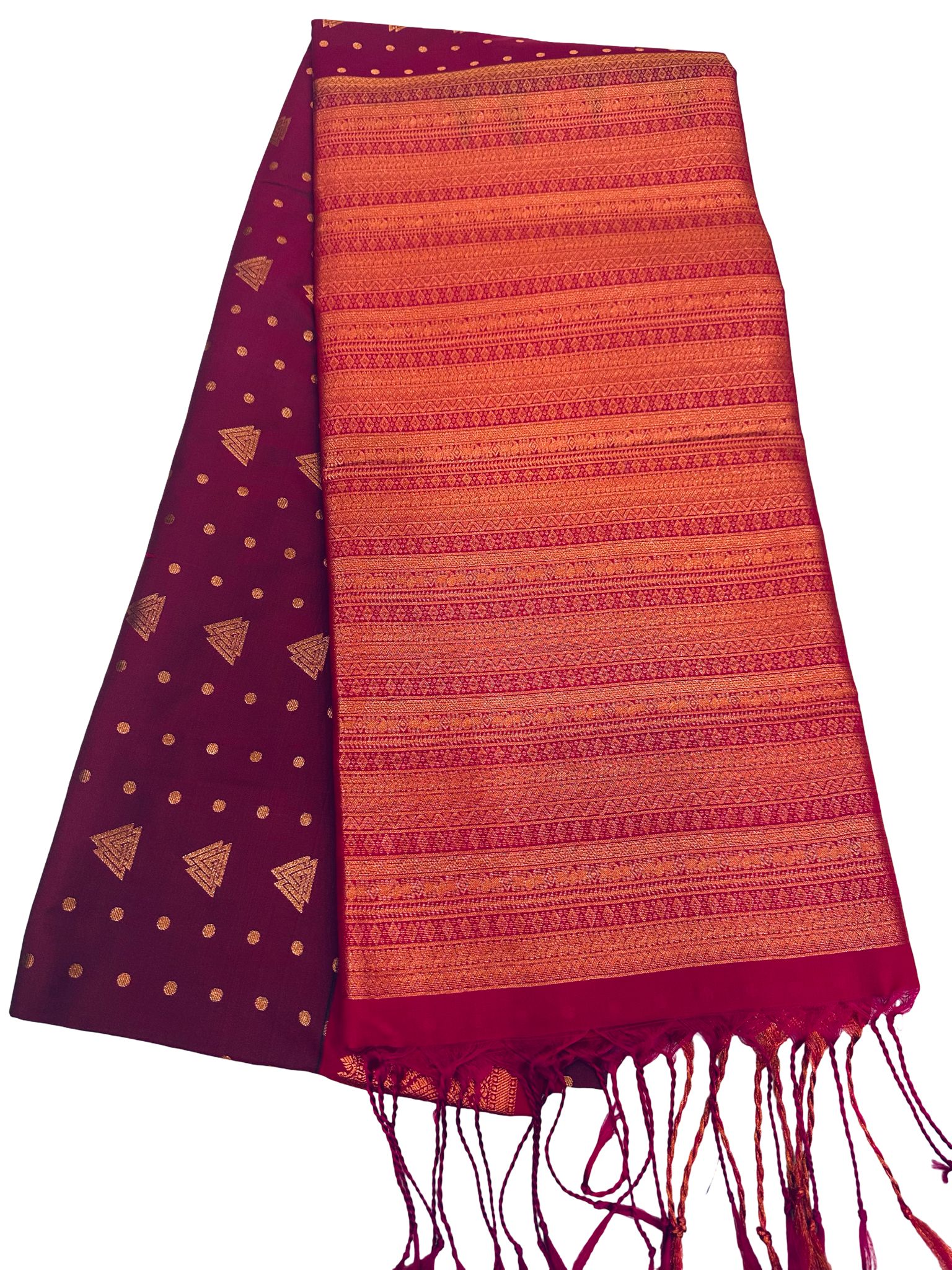 Maroon Kanchipuram Style Silk Saree with Rich Zari Border | Copper Zari Butta Saree | South Indian Wedding Saree | Festive Party Saree - Image 4