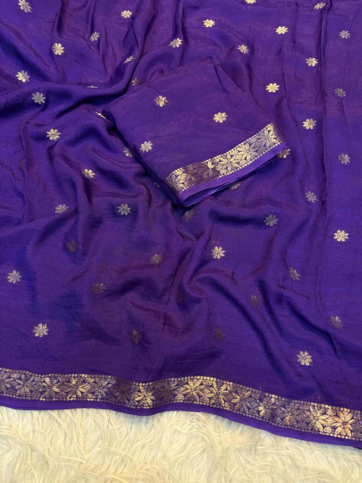 Chiffon Saree with Gold Zari Floral Motifs | Party Wear | unstitched Blouse - Image 4
