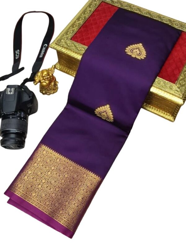 Warm Silk Saree with Zari Border, Kanjeevaram Style - Rani Pink, Sky Blue, Navy Blue, Maroon, Purple Variations - Image 5