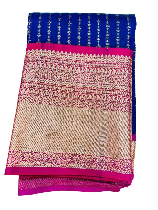 Royal Blue Kanchipuram Semi Silk Saree with Pink Zari Border | Traditional South Indian Wedding Saree | Rich Pallu | Festive Party Wear - Image 2