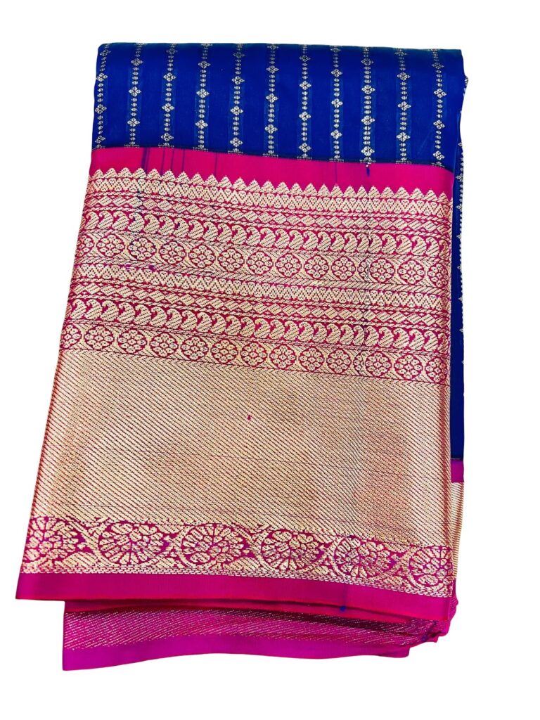 Royal Blue Kanchipuram Semi Silk Saree with Pink Zari Border | Traditional South Indian Wedding Saree | Rich Pallu | Festive Party Wear