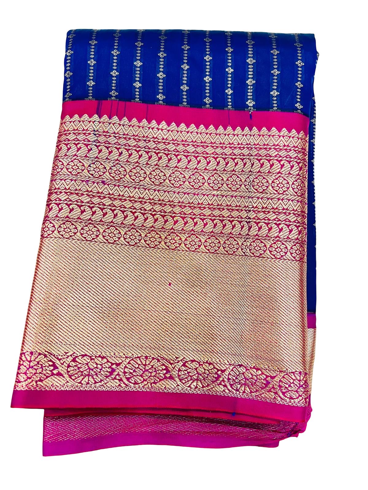 Royal Blue Kanchipuram Semi Silk Saree with Pink Zari Border | Traditional South Indian Wedding Saree | Rich Pallu | Festive Party Wear - Image 2