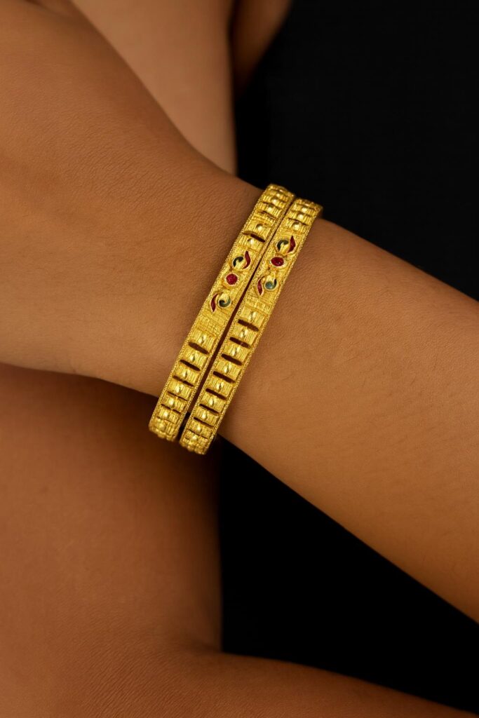 Traditional Indian Kada Bangle | Micro Gold Finish with Ruby Stones | Size 26 & 28