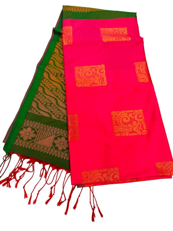 Rani Pink Silk Saree with Green Border | Kanchipuram Style Saree | Gold Zari Butta Saree | Traditional Wedding Festive Saree - Image 2