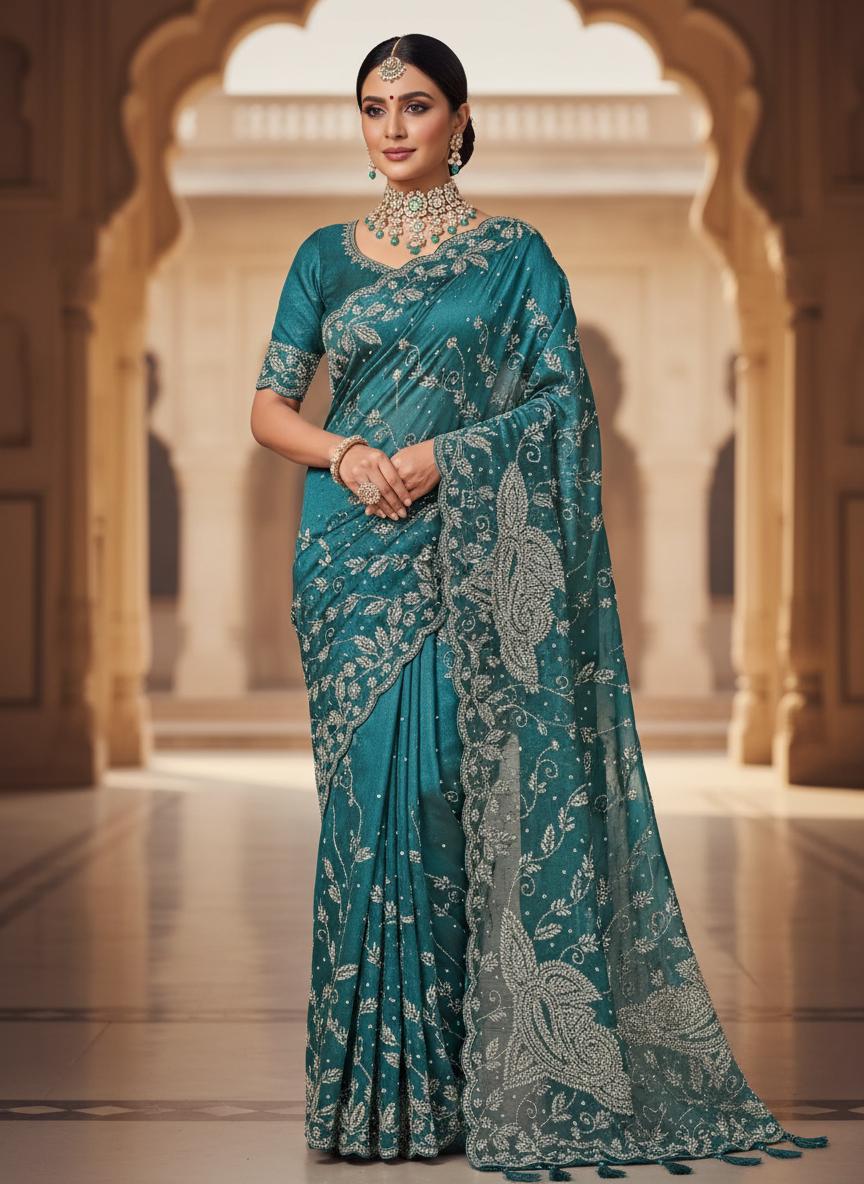 Party Wear Embellished saree with sequin Jarkhan Work | Teal blue & Skyblue - Image 1