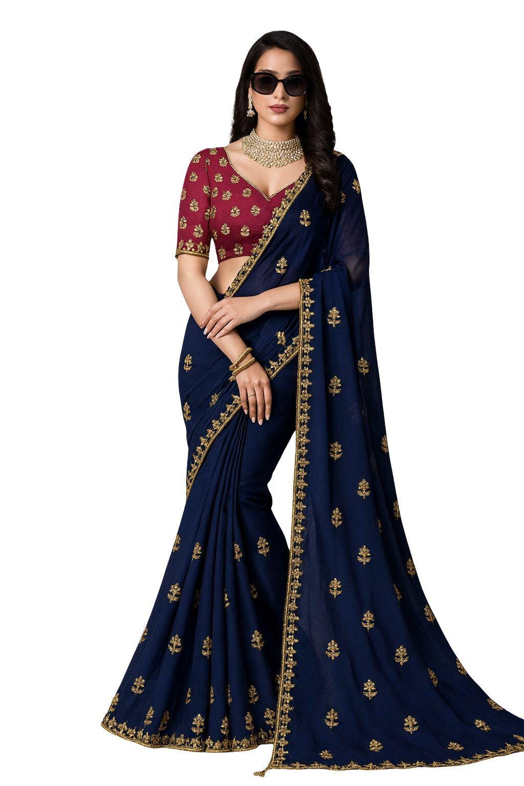 Chiffon Saree with Pearl Work Border | Designer Party Wear Saree | Lightweight Embroidered - Image 1