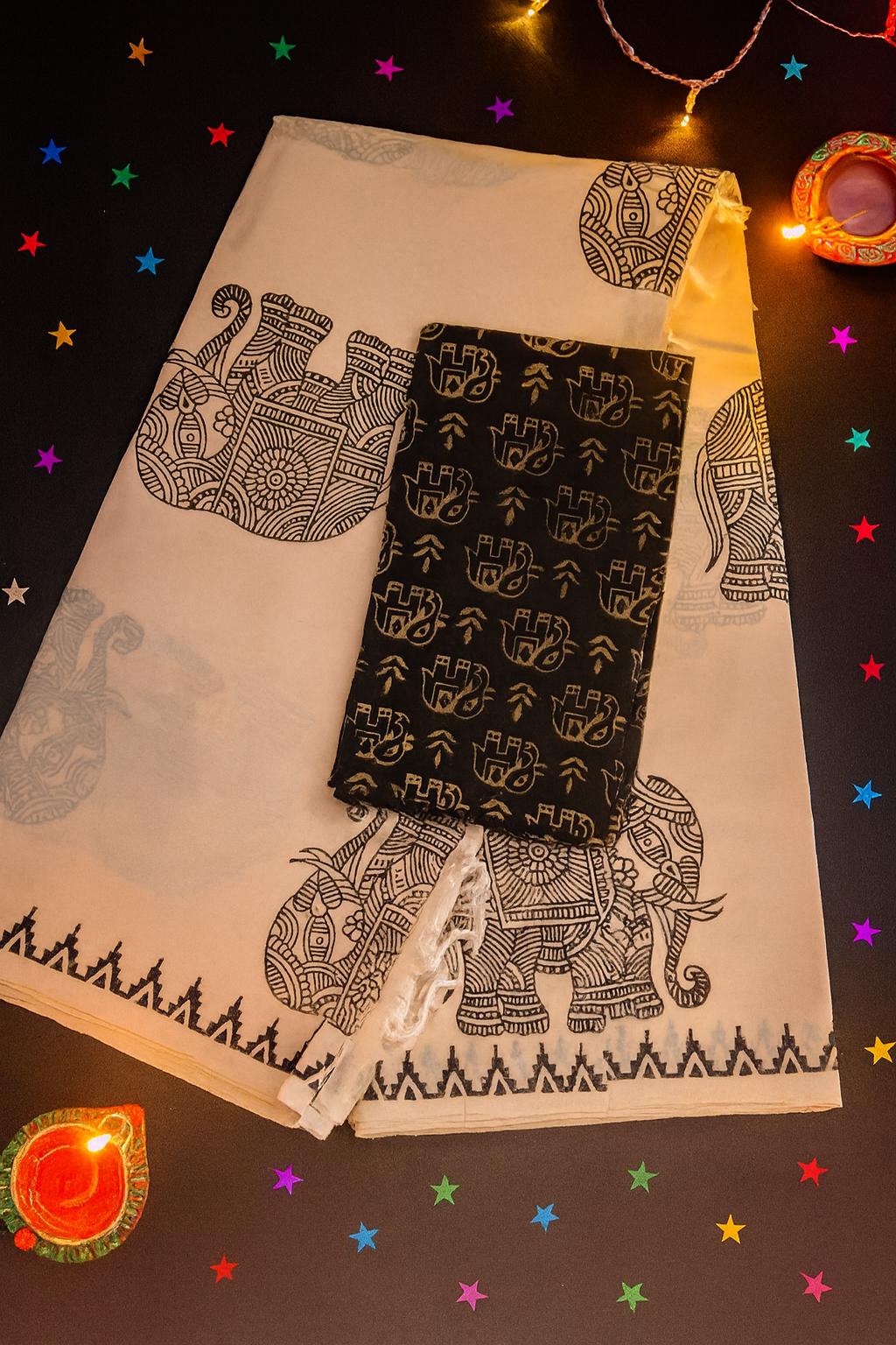 Cotton Saree in Cream and Green colour - Image 2