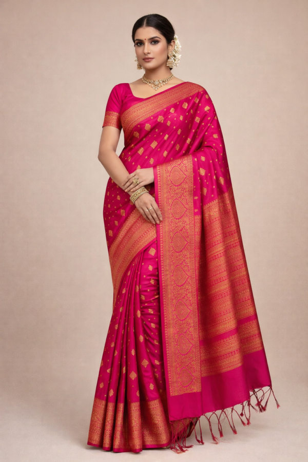 Rani Pink Kanchipuram Semi Silk Saree, Gold Zari Butta Saree, Triangle Motif Silk Saree, Wedding Party , Traditional South, Festive Wear