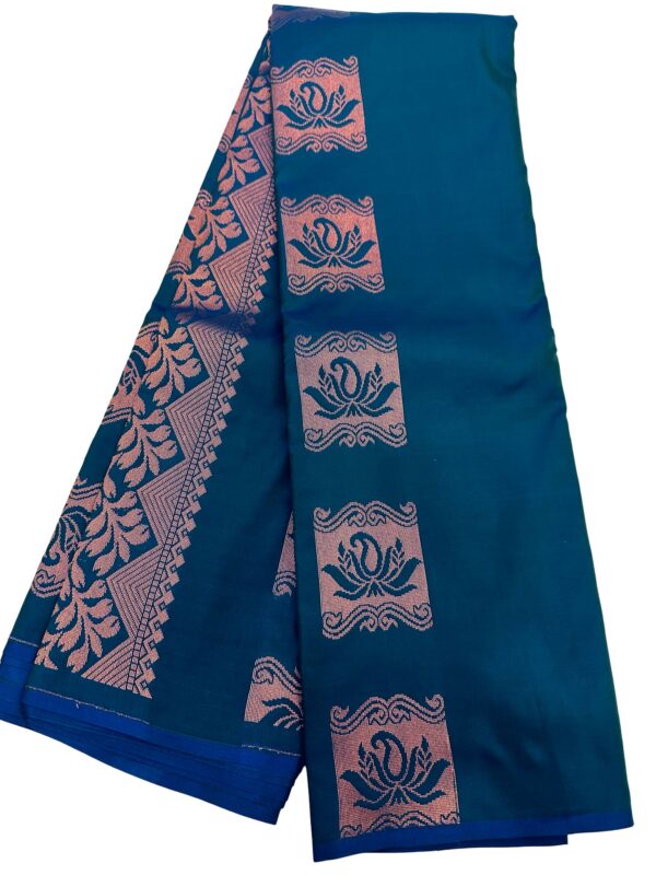 Peacock Blue Soft Silk Saree with Copper Zari Border, Kanchipuram Style Saree, Traditional South Indian, Wedding Festive Saree, Party Wear - Image 2